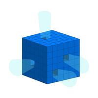 Digital data cube emitting light 2D cartoon object. Structured grid information. System architecture. Analytical framework model isolated element flat clip art on white. Spot illustration vector