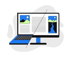 Cross-platform compatibility 2D onboarding ui illustration. Responsive design. Laptop transitioning into computer desktop interface cartoon concept isolated on white. Flat abstract metaphor vector