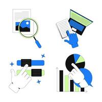 User interaction and data exploration 2D onboarding ui illustrations set. Study document, closer look, sliders, analytics cartoon concepts isolated on white. Flat abstract metaphor collection vector