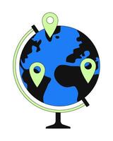 Globe map pins 2D onboarding ui illustration. Geolocation international. Global outreach. Pinpoint locations. Distribution worldwide cartoon concept isolated on white. Flat abstract metaphor vector