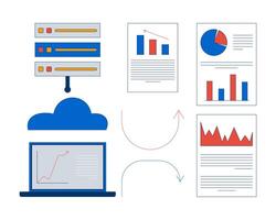 Cloud analytics and reports trend arrows 2D cartoon objects set. Laptop chart, server rack, analysis graphs paperwork isolated elements flat clip arts on white. Spot illustrations collection vector