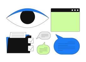 Interface and communication icons 2D cartoon objects set. Eye, file folder checkmarks, browser window, speech bubbles isolated elements flat clip arts on white. Spot illustrations collection vector