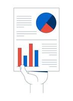 Hand holding pie and bar chart infographic report illustration. Piechart, barchart. Corporate paperwork presentation 2D cartoon image isolated on white. Editable flat clipart colorful vector