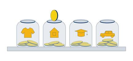 Organized savings for major life goals 2D illustration concept. Personal budget. Four jars on shelf with coin falling into home jar cartoon objects isolated on white. Flat abstract metaphor vector