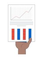 Hand holding line chart and column graphs infographic report illustration. Corporate paperwork. Performance metrics inhand 2D cartoon image isolated on white. Editable flat clipart colorful vector
