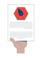 Hand holding hexagonal data diagram report illustration. Hexagon radar chart inhand. Insight delivery. Analytics sheet 2D cartoon image isolated on white. Editable flat clipart colorful vector