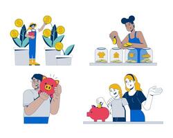 Everyday budgeting and saving habits 2D illustration concepts set. Daily money management. Smart financial adults cartoon characters isolated on white. Flat abstract metaphor collection vector