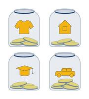 Budget allocation categories in glass jars 2D cartoon objects set. Tshirt, house, graduation cap, car in glassware isolated elements flat clip arts on white. Spot illustrations collection vector