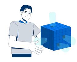 Asian man presenting floating digital data cube 2D cartoon character. Korean male professional holding geometric shape emitting light flat person isolated on white. Spot illustration colorful vector