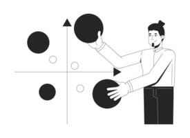 Businessman analyzing bubble chart line illustration concept. Scatter plot with XY axis. Corporate male analyst holding data points outline 2D character isolated. Ink linear metaphor art vector