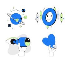 Exploration, insight and sentiment 2D onboarding ui illustrations set. Astronomy satellite, positive chart, sharing love cartoon concepts isolated on white. Flat abstract metaphor collection vector