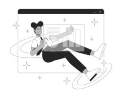 Interactive data analysis in virtual workspace line illustration concept. Black female professional monitoring chart in browser window outline 2D character isolated. Ink linear metaphor art vector