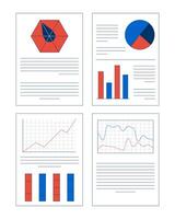 Business reports with charts and graphs 2D cartoon objects set. Data visualization. Analytics. Professional summary isolated elements flat clip arts on white. Spot illustrations collection vector