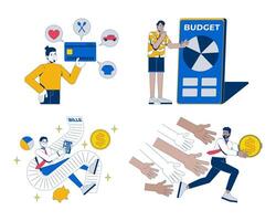 Personal finance challenges and budget 2D illustration concepts set. Credit spending, bills, financial struggle cartoon characters isolated on white. Flat abstract metaphor collection vector
