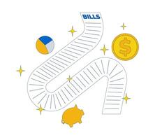 Long utility bill surrounded by financial symbols 2D illustration concept. Piggy bank, pie chart, dollar coin. Expenses sheet cartoon object isolated on white. Flat abstract metaphor vector