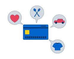Credit card with spending categories 2D illustration concept. Budgeting. Cost management. Daily expenses in speech bubbles, creditcard cartoon object isolated on white. Flat abstract metaphor vector