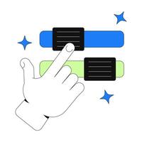 Hand interacting with sliders toggles 2D onboarding ui illustration. User customization. Interface configuration. Interactive control cartoon concept isolated on white. Flat abstract metaphor vector