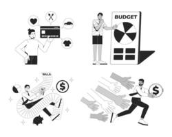 Personal finance challenges and budget line illustration concepts set. Credit spending, accounting bills, financial struggle outline 2D characters isolated. Ink linear metaphor art collection vector
