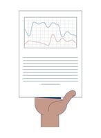 Hand holding dual-line graph report illustration. Comparative trends. Corporate paperwork. Business fluctuations analytics 2D cartoon image isolated on white. Editable flat clipart colorful vector