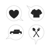 Spending categories in budget planning 2D line objects set. Heart, t-shirt, car, spoon fork in speech bubbles isolated cliparts ink outline items. Monochrome spot illustrations collection vector