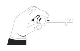Hand holding vintage-style key outline illustration. Unlocking access, solutions, privacy, security, business opportunities isolated 2D image black and white. Linear drawing clip art vector
