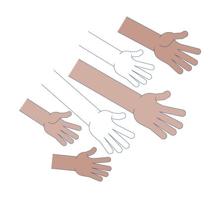 Many diverse hands reaching for help, resources illustration. Demand, support, competition. Financial need, community, charity 2D cartoon image isolated on white. Editable flat clipart colorful