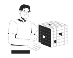Asian man presenting floating digital data cube 2D line character. Korean male professional holding geometric shape emitting light isolated ink outline person. Monochromatic spot illustration vector