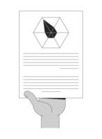 Hand holding hexagonal data diagram report outline illustration. Hexagon radar chart inhand. Insight delivery. Analytics sheet isolated 2D image black and white. Linear drawing clip art vector