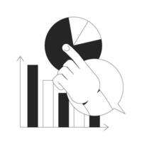 Interactive data analytics line onboarding ui illustration. Study graph. Business intelligence. Hand interacting with pie and bar charts outline 2D concept isolated. Ink linear metaphor art vector