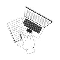 Study data line onboarding ui illustration. Document processing, digitization. E-learning. Finger pointing at paperwork with laptop outline 2D concept isolated. Ink linear metaphor art vector