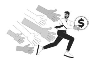 Challenges to saving money line illustration concept. Financial stress, taxation. Black man running with coin while hands reaching for outline 2D character isolated. Ink linear metaphor art vector