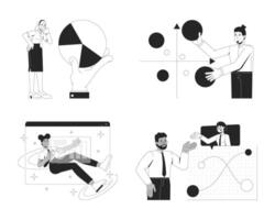 Diverse people with data visualization line illustration concepts set. Bubble chart, piechart, analysts graphs discussing outline 2D characters isolated. Ink linear metaphor art collection vector
