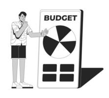 Man analyzing pie chart on budgeting app line illustration concept. Financial planning. Expenses tracking. Spending analysis smartphone outline 2D character isolated. Ink linear metaphor art vector
