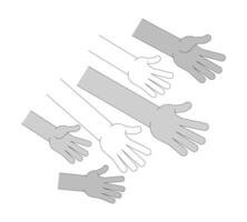 Many diverse hands reaching for help, resources outline illustration. Demand, support, competition. Financial need, community, charity isolated 2D image black and white. Linear drawing clip art vector