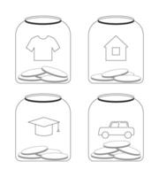 Budget allocation categories in glass jars 2D line objects set. Tshirt, house, graduation cap, car in glassware isolated cliparts ink outline items. Monochrome spot illustrations collection vector