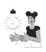 Clap to activate smart light bulb doodle line illustration concept. Gesture IoT control. Black woman with sound-responsive lightbulb 2D outline character isolated. Hand drawn ink metaphor monochrome vector