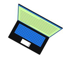 Modern angled laptop with screen filled with lines of data 2D cartoon object. Overhead top view notebook display with keyboard isolated element flat clip art on white. Spot illustration vector