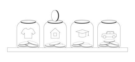 Organized savings for major life goals line illustration concept. Personal budget. Four jars on shelf with coin falling into home jar outline 2D objects isolated. Ink linear metaphor art vector