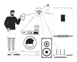 Black man manages smart household appliances via tablet doodle line illustration concept. Wi-Fi technology. IoT user with home devices 2D outline character isolated. Hand drawn ink metaphor monochrome vector