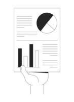 Hand holding pie and bar chart infographic report outline illustration. Piechart, barchart. Corporate paperwork presentation isolated 2D image black and white. Linear drawing clip art vector