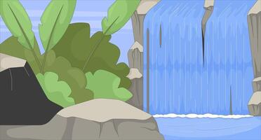 Tropical waterfall in jungle flat illustration background. Lush greenery landscape, rocks and falling water. Rainforest nature environment 2D cartoon backdrop. Colorful scene art image vector