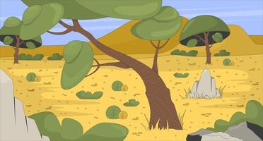 African savanna landscape with trees and bushes flat illustration background. Desert savannah environment with rocks vegetation. Safari terrain 2D cartoon backdrop. Colorful scene art image vector