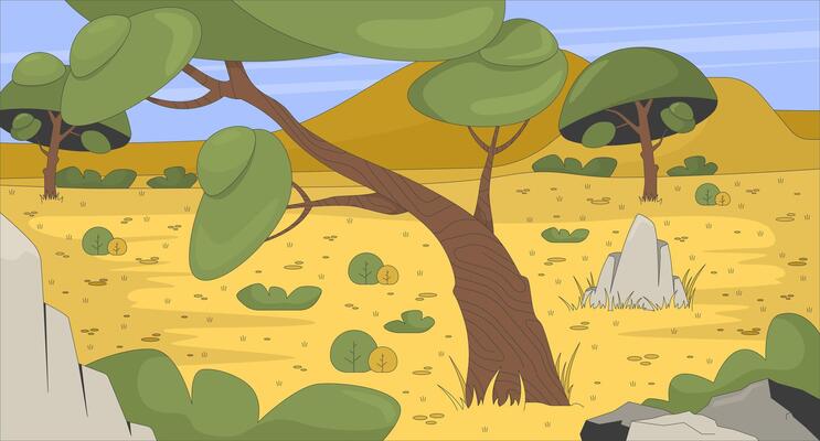 African savanna landscape with trees and bushes flat illustration background. Desert savannah environment with rocks vegetation. Safari terrain 2D cartoon backdrop. Colorful scene art image