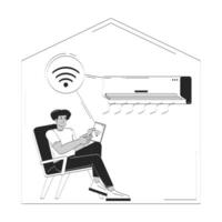Smart home Wi-Fi air conditioner doodle line illustration concept. Indoor cooling IoT. Man controlling AC appliance via wifi tablet 2D outline character isolated. Hand drawn ink metaphor monochrome vector