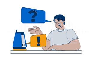 AI voice assistant device doodle cartoon illustration. Virtual helper. Arab man interacting with smart speaker technology 2D flat character isolated on white. Doodleart hand-drawn drawing colorful vector