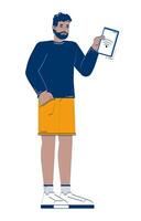 African american man holding tablet with Wi-Fi signal 2D doodle character. Black male IoT user using wifi control cartoon person drawing isolated on white. Hand drawn illustration colorful vector