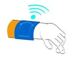 Smartwatch hand with remote home control and wifi signal doodle cartoon illustration. Wrist IoT wearable emitting Wi-Fi 2D drawing isolated on white background. Editable hand-drawn clipart vector