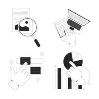 User interaction and data exploration line onboarding ui illustrations set. Study document, closer look, sliders, analytics outline 2D concepts isolated. Ink linear metaphor art collection vector