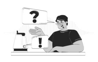 AI voice assistant device doodle lineart illustration. Virtual helper. Arab man interacting with smart speaker technology 2D line ink character isolated on white. Monochrome outline hand-drawn vector