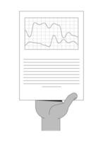 Hand holding dual-line graph report outline illustration. Comparative trends. Corporate paperwork. Business fluctuations analytics isolated 2D image black and white. Linear drawing clip art vector